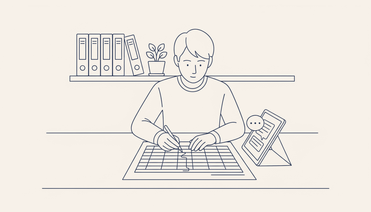 An engineer checking a printed table row by row, a chat screen reading along.
